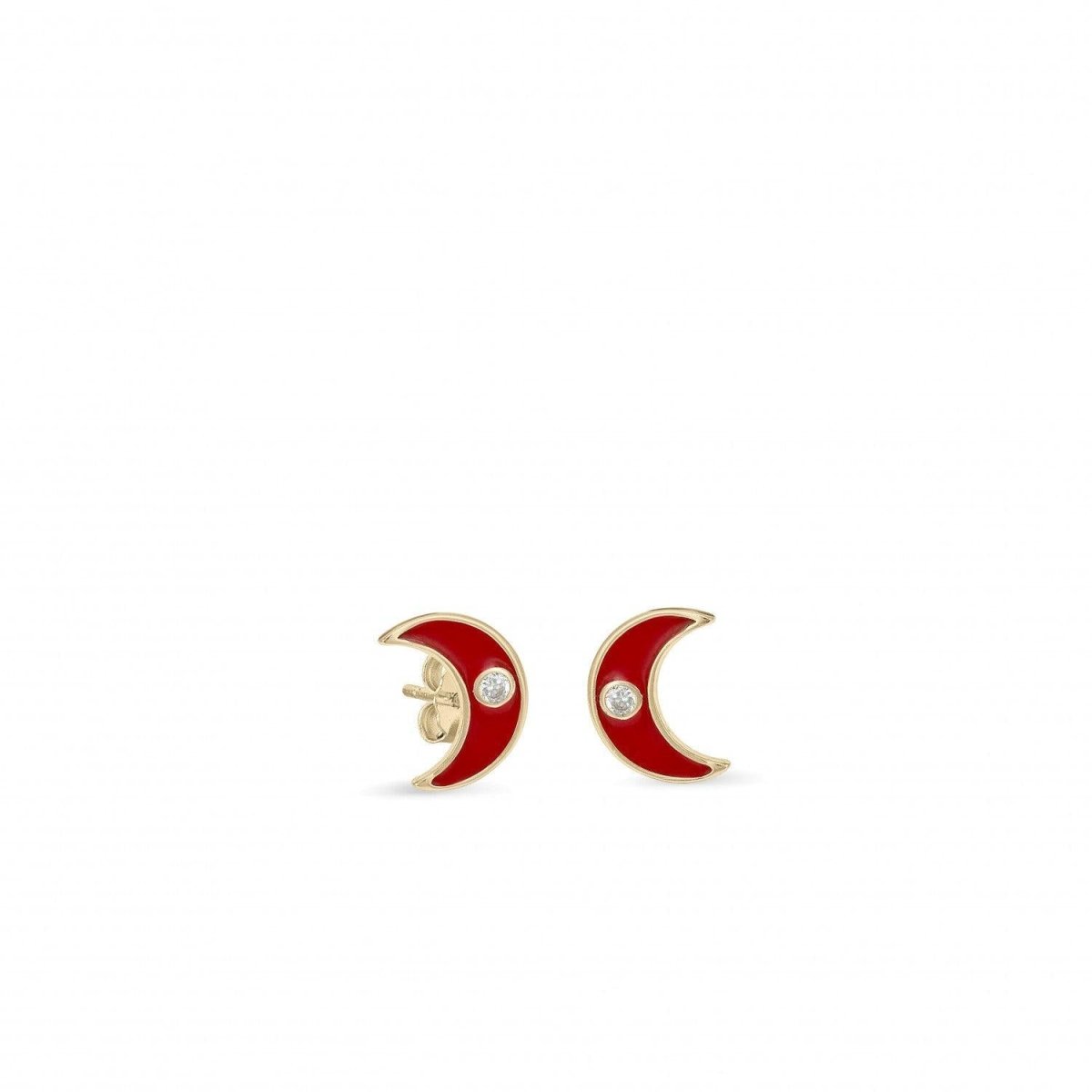 Pendientes pequeños en plata diseño luna esmalte rojo-LINEARGENT