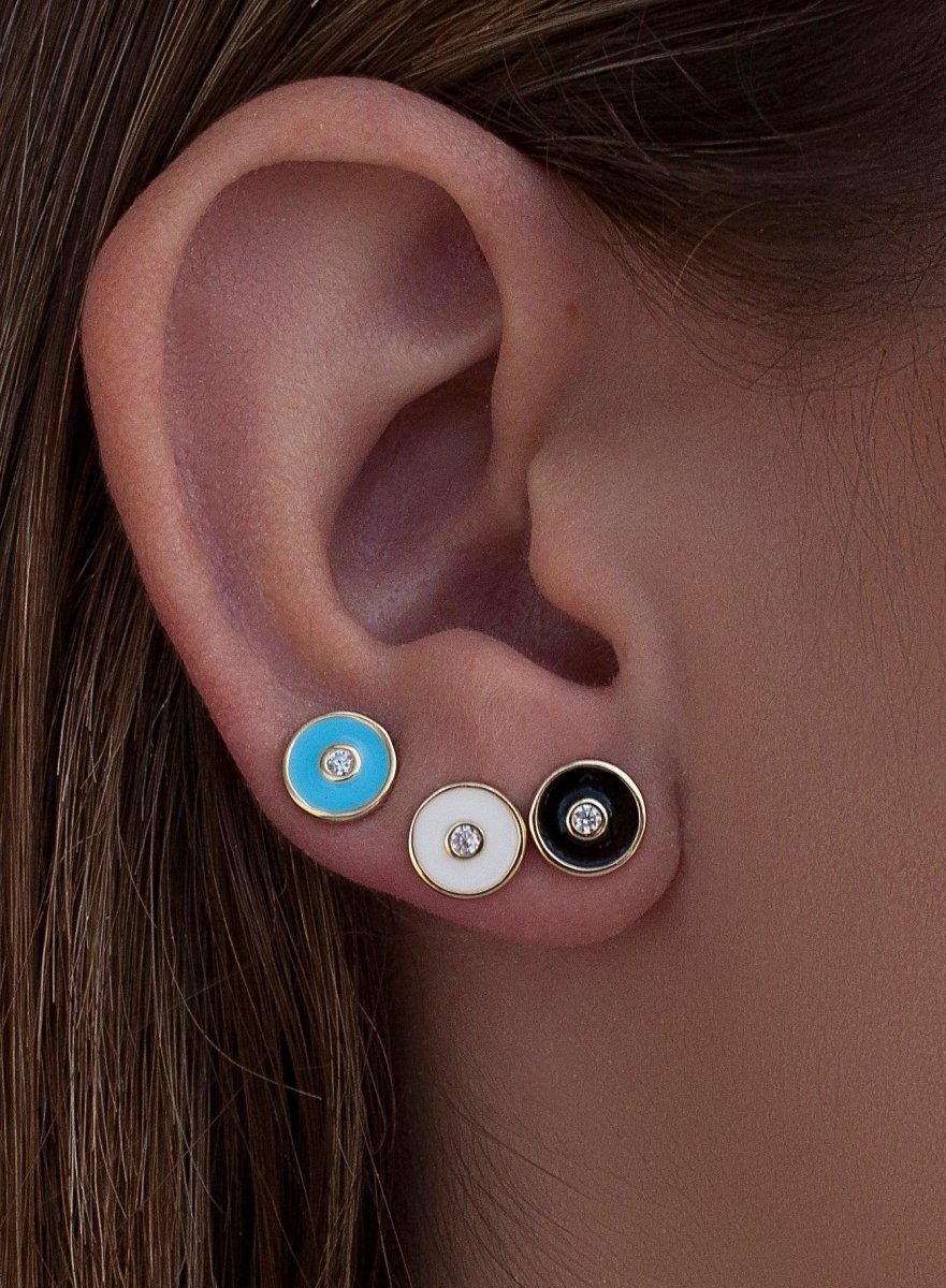 Pendientes pequeños plata circular esmalte blanco-LINEARGENT