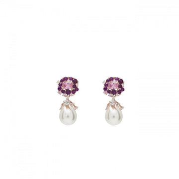 Pendientes perla colgante con gemas rosadas y circonita