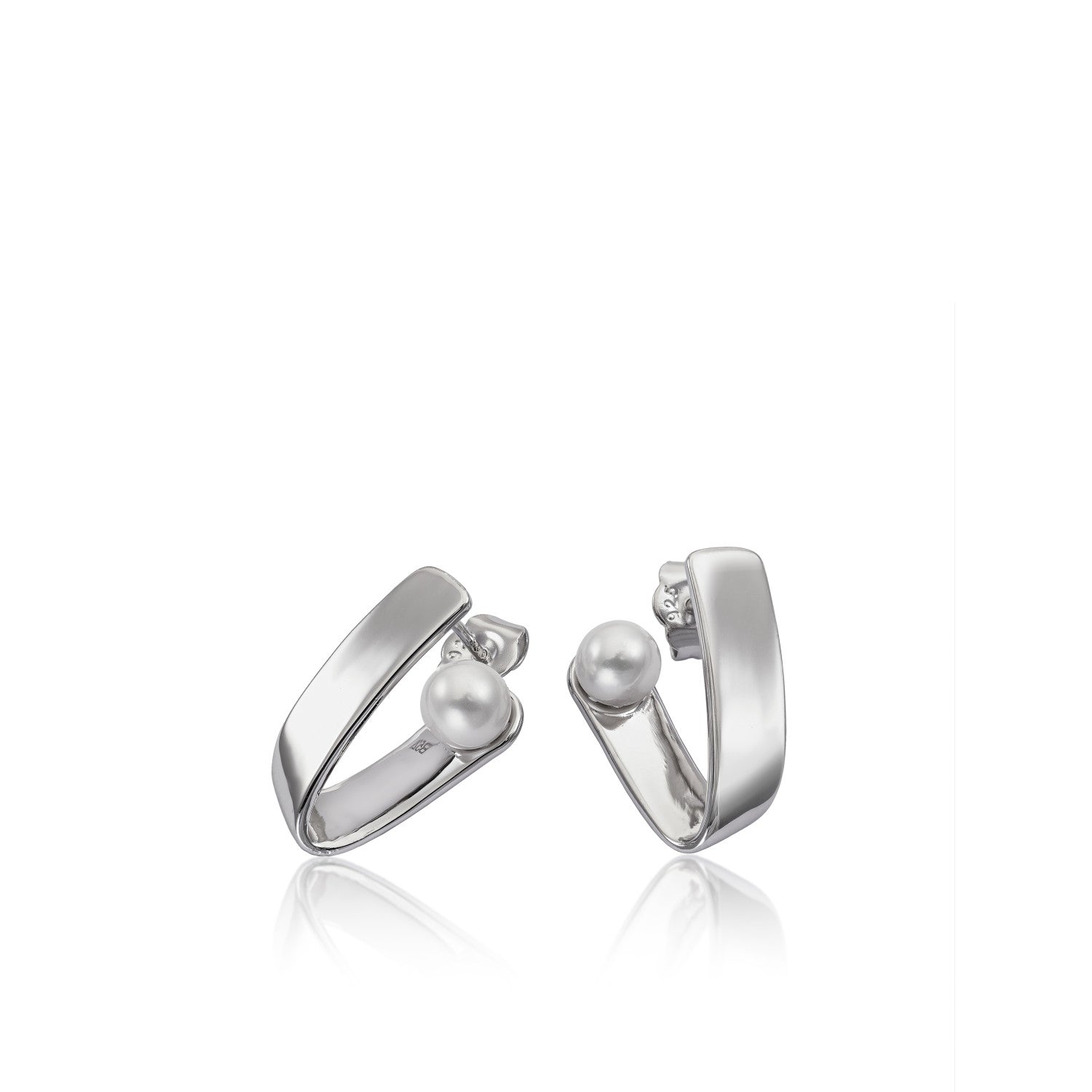 Pendientes perla diseño "v" en plata lisa-LINEARGENT