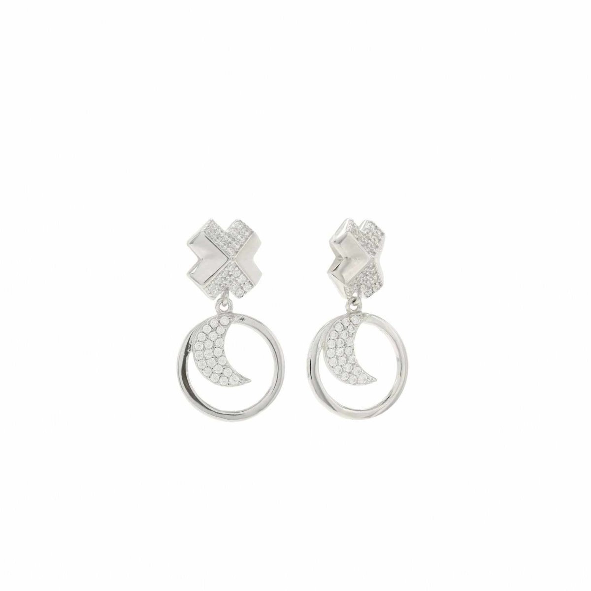 Pendientes plata y circonitas móviles con motivo de circulo y luna-LINEARGENT