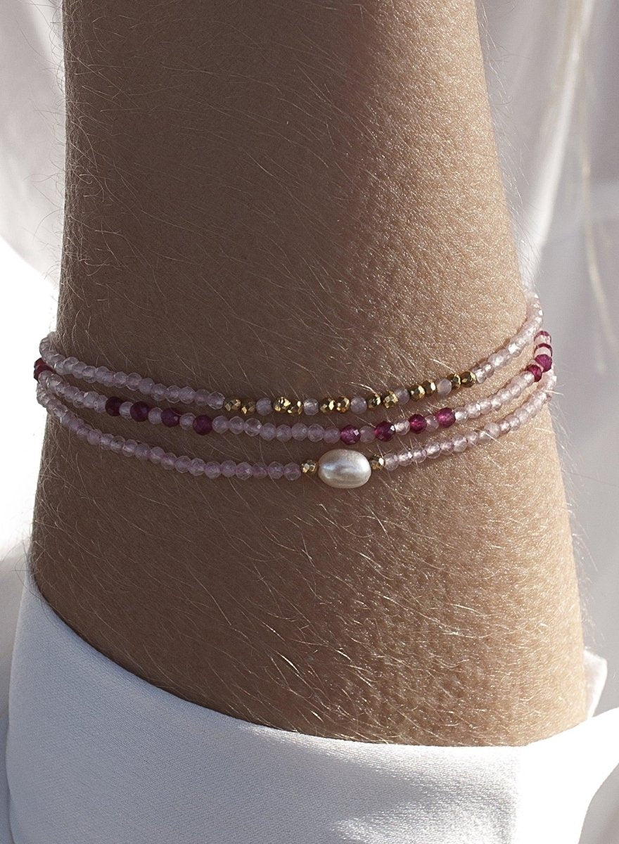 Pulsera de bolas de plata diseño de tres brazaletes con cuarzo rosa-LINEARGENT