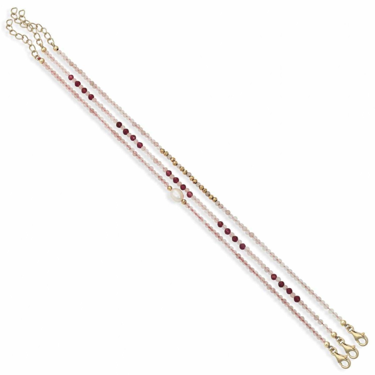 Pulsera de bolas de plata diseño de tres brazaletes con cuarzo rosa-LINEARGENT