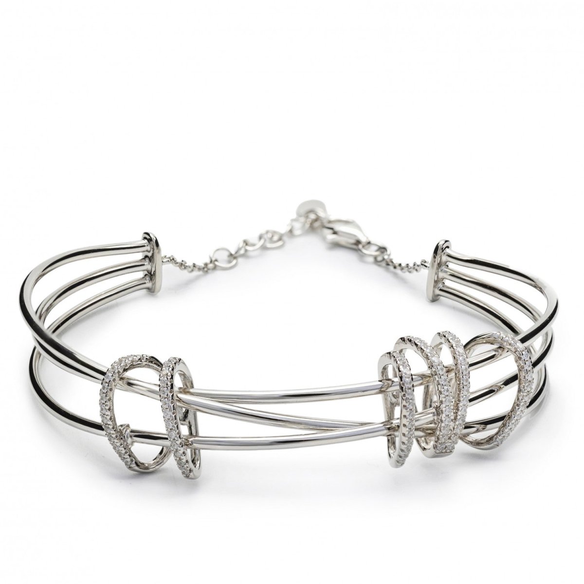 Pulsera esclava de plata diseño círculos enredados de circonita-LINEARGENT