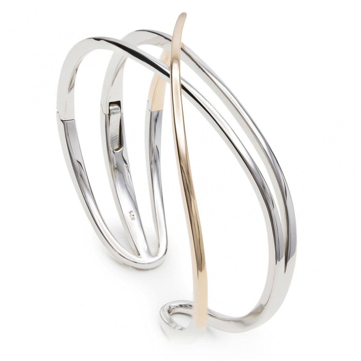 Pulsera esclava de plata gruesa con carril bicolor-LINEARGENT