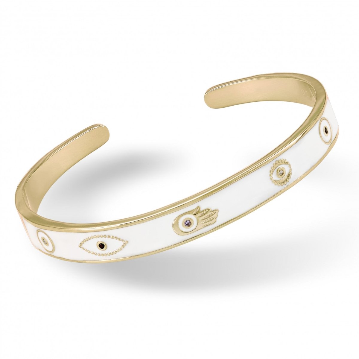 Pulsera esclava esmalte en plata diseño ojo y mano de fátima en blanco-LINEARGENT