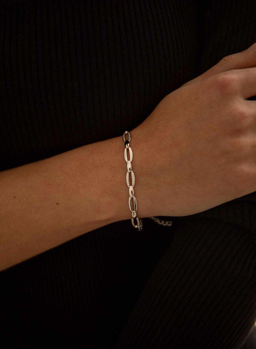 Pulsera eslabones plata diseño ovalado con circonitas-LINEARGENT
