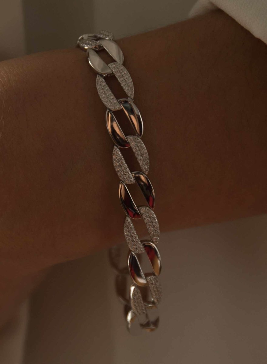Pulsera eslabones plata ovalados con circonitas blancas-LINEARGENT