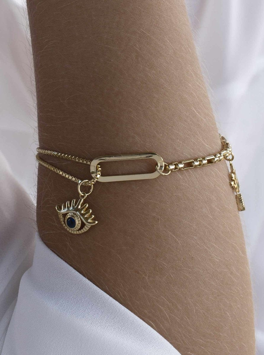 Pulseras con colgantes en palta dorado doble motivo-LINEARGENT