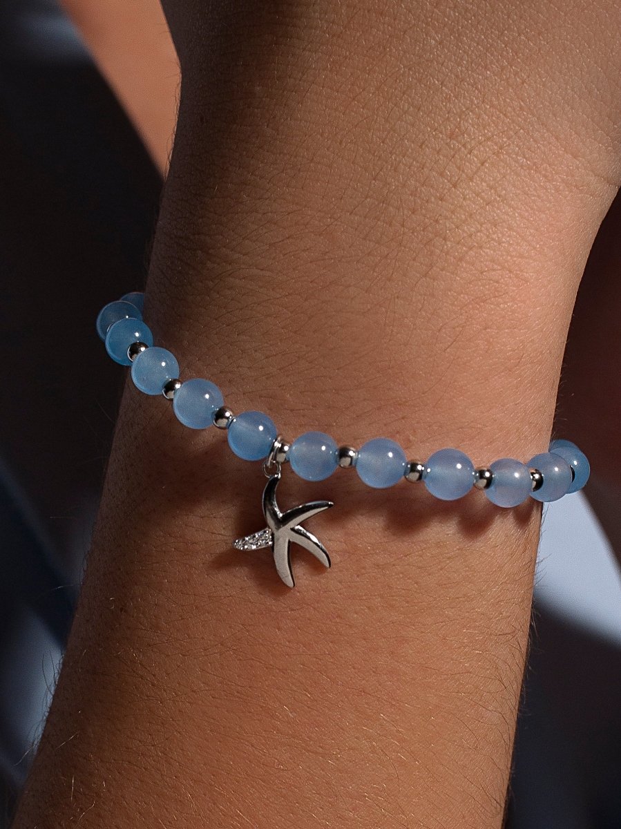 Pulseras de bolas de plata charm de estrella de mar y calcedonias-LINEARGENT