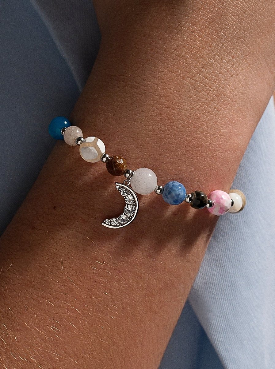 Pulseras de bolas de plata charm de luna con brillantes y piedras semipreciosas-LINEARGENT