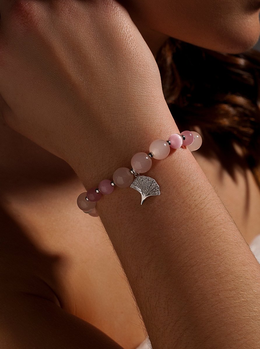 Pulseras de bolas de plata cuarzo rosa y charm de flor abierta-LINEARGENT