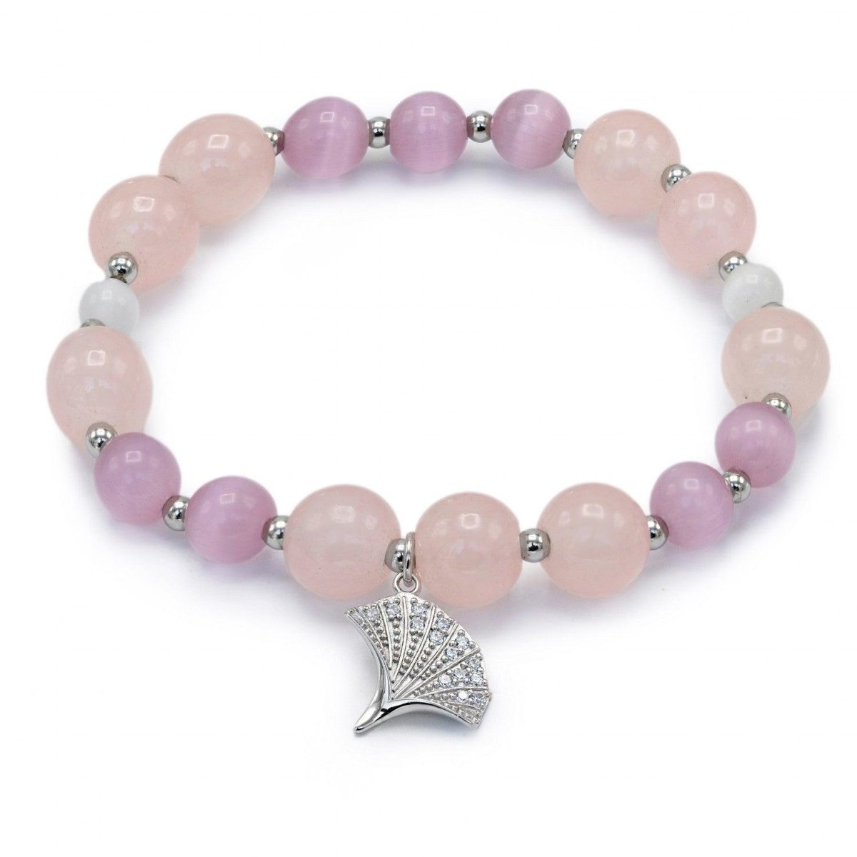 Pulseras de bolas de plata cuarzo rosa y charm de flor abierta-LINEARGENT