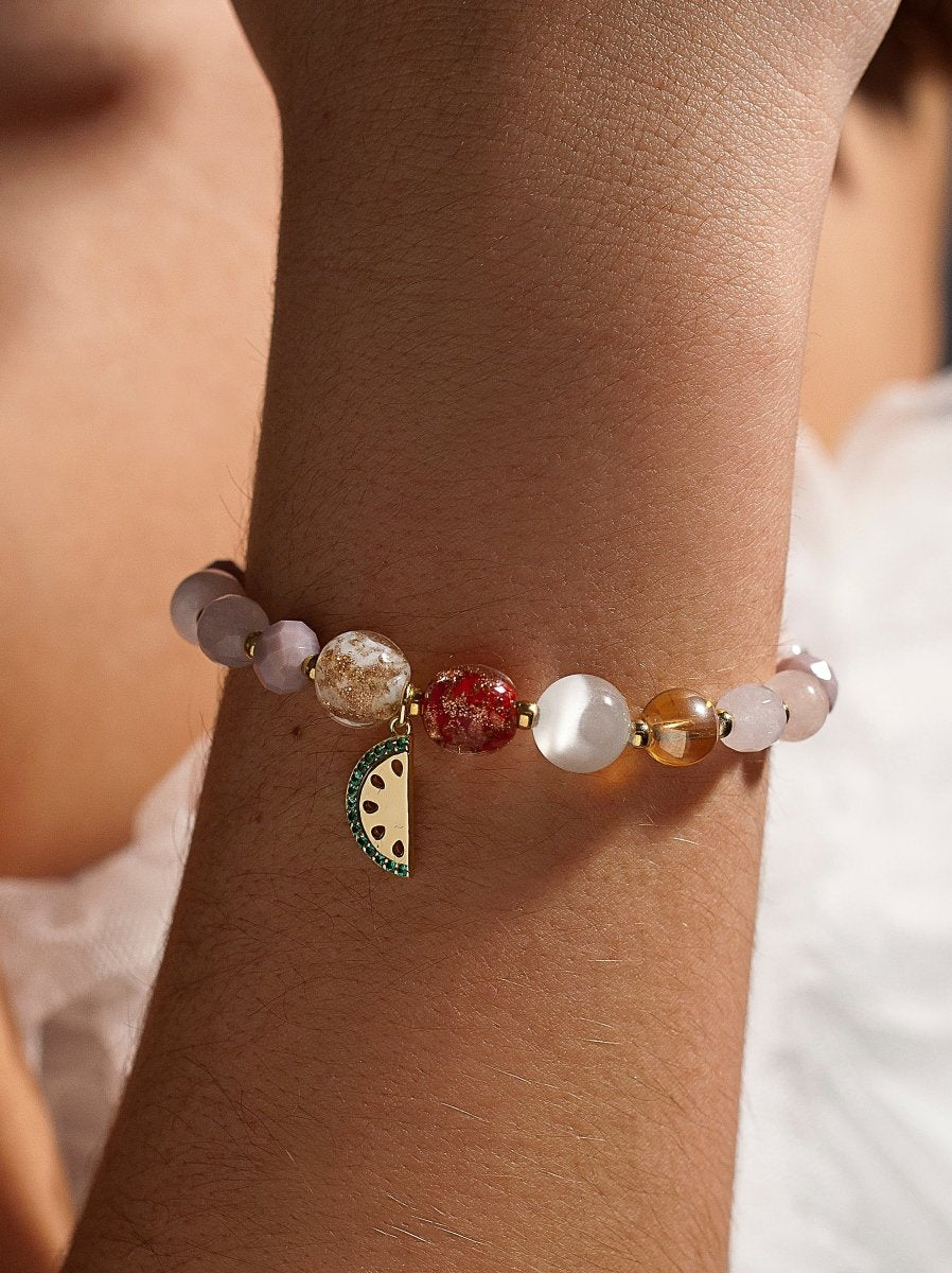 Pulseras de bolas de plata cuarzo rosa y charm de sandía-LINEARGENT