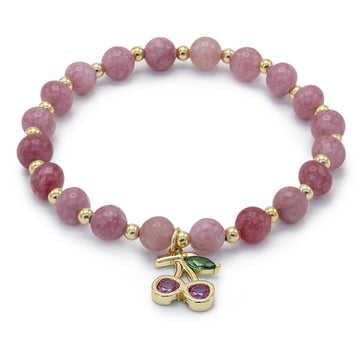 Pulseras de bolas de plata de rodonita y charm de cereza con circointas