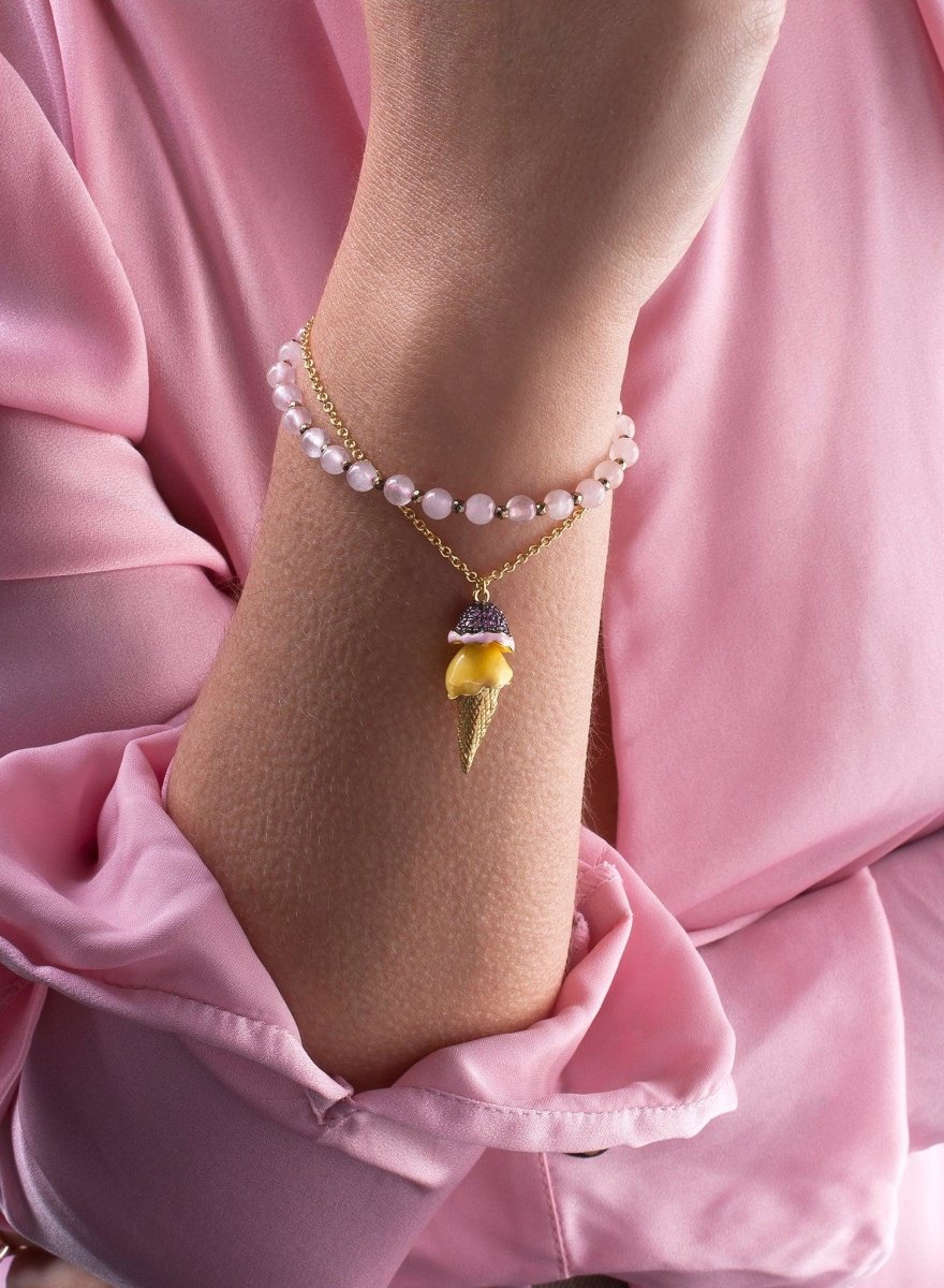 Pulseras de bolas de plata diseño doble en rosa con motivo de helado-LINEARGENT