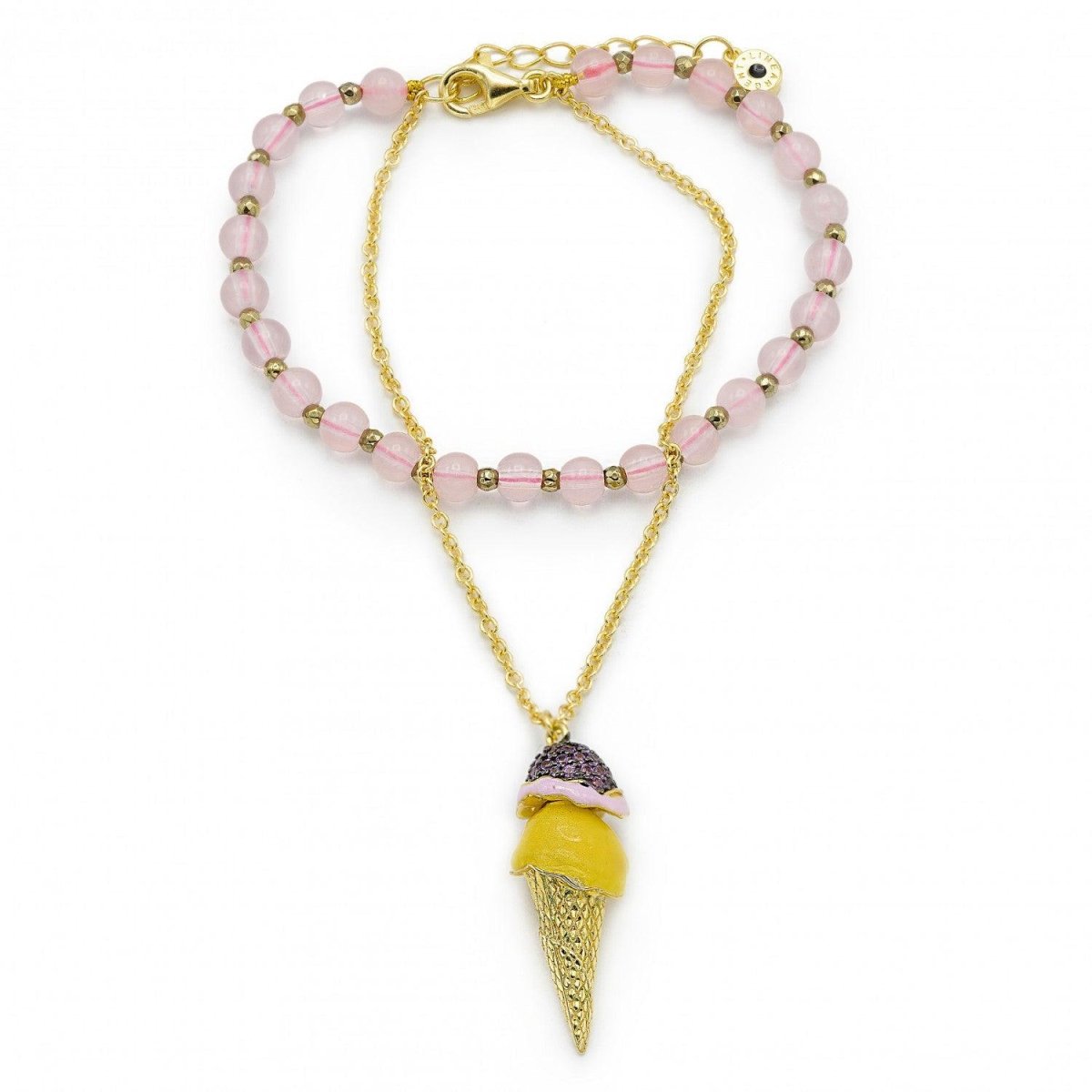 Pulseras de bolas de plata diseño doble en rosa con motivo de helado-LINEARGENT