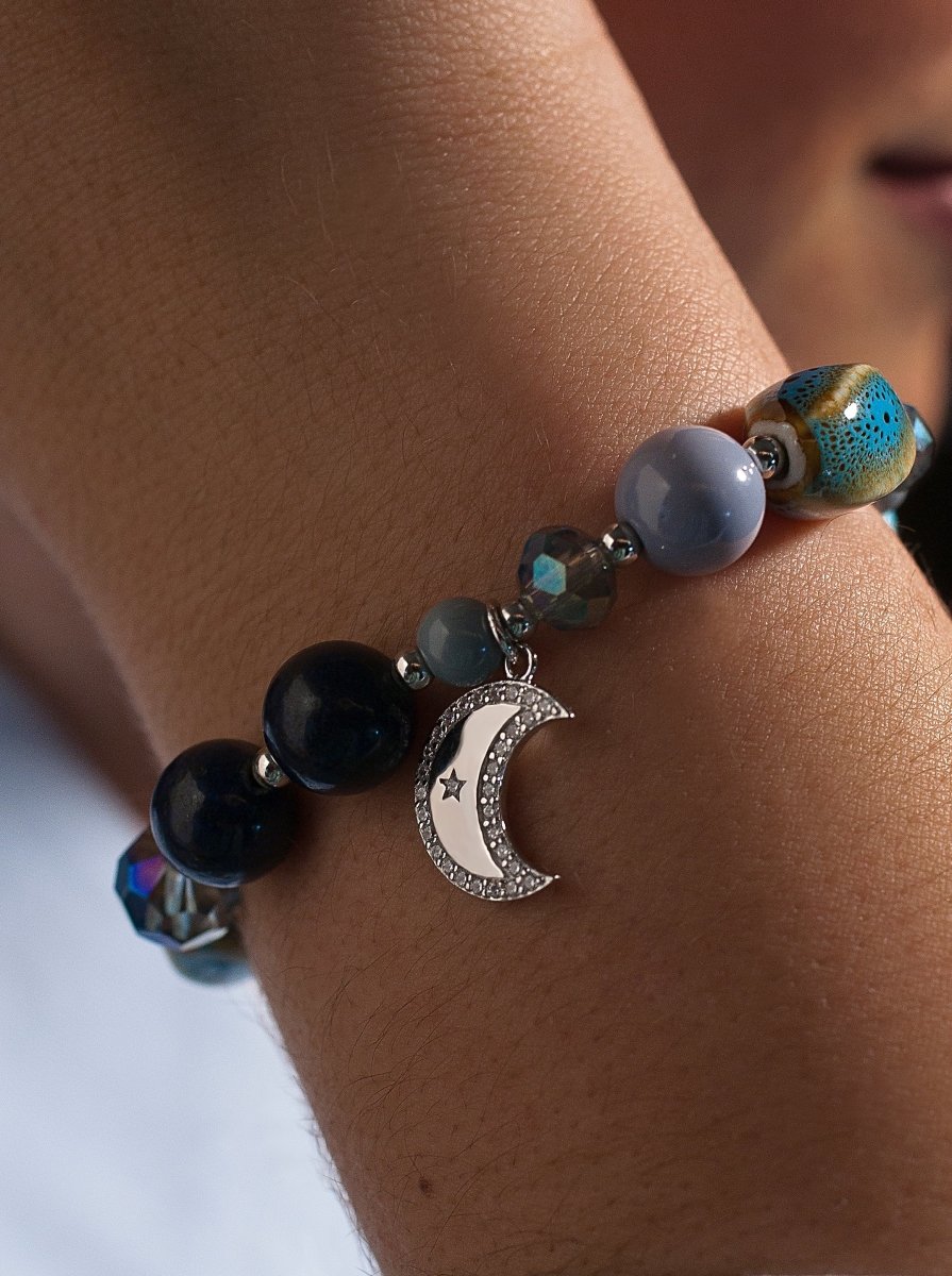 Pulseras de bolas de plata piedras semipresciosas variadas y charm de luna-LINEARGENT