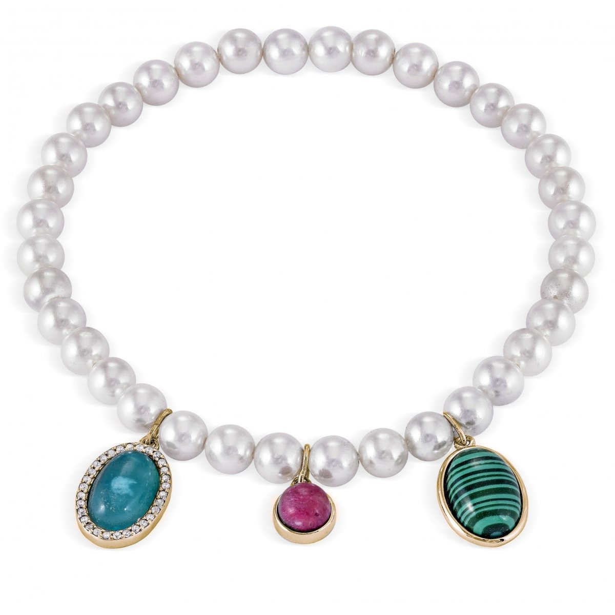 Pulseras de perlas de plata diseño triple motivo de piedras naturales-LINEARGENT