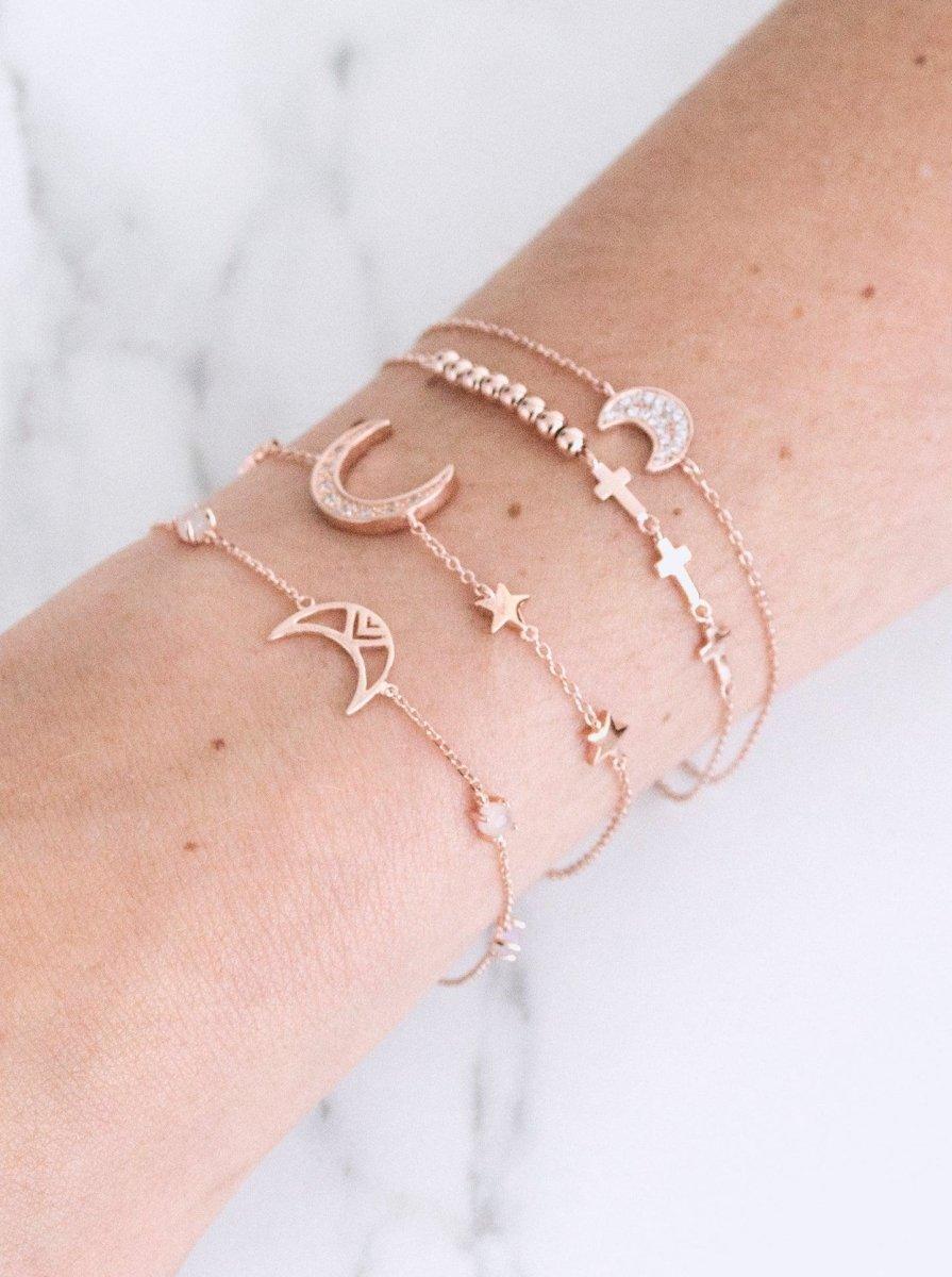 Pulseras finas de plata diseño luna con bolitas-LINEARGENT