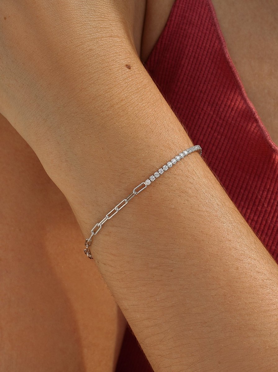 Pulseras finas de plata diseño paper clip y riviere-LINEARGENT