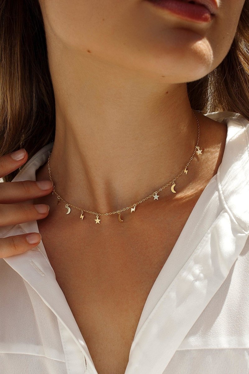 Collar · Collares con colgantes de plata diseño astral dorado de luna  estrella  rayo