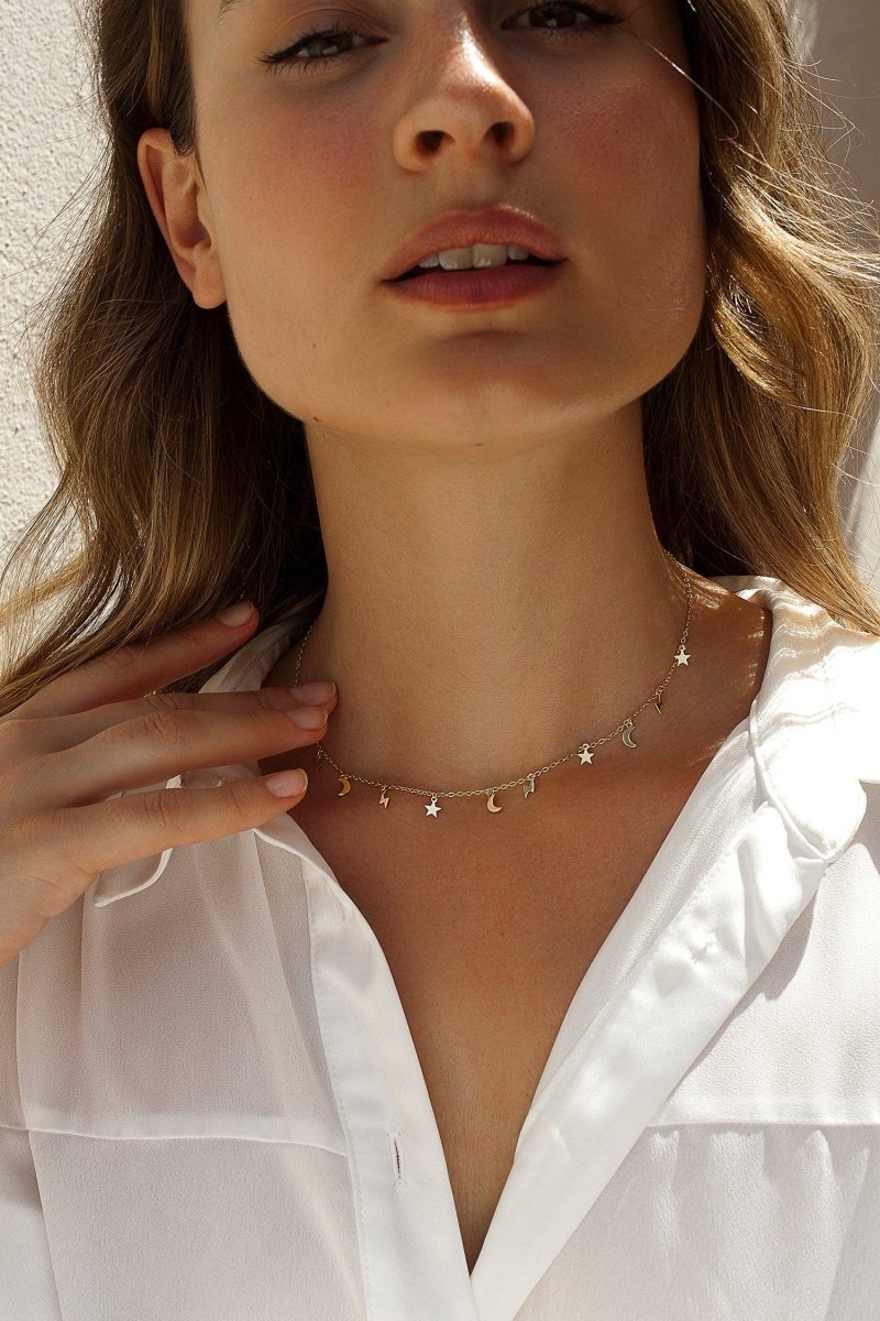 Collar · Collares con colgantes de plata diseño astral dorado de luna  estrella  rayo