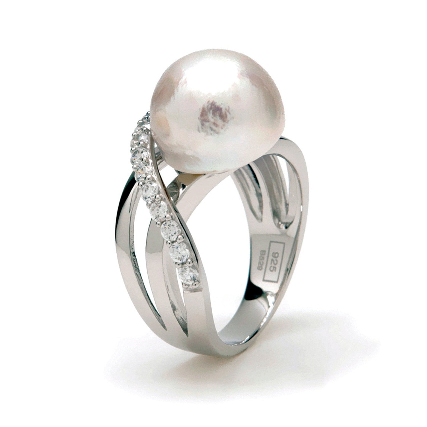 Anillos con perlas plata raíl cruzado y circonitas