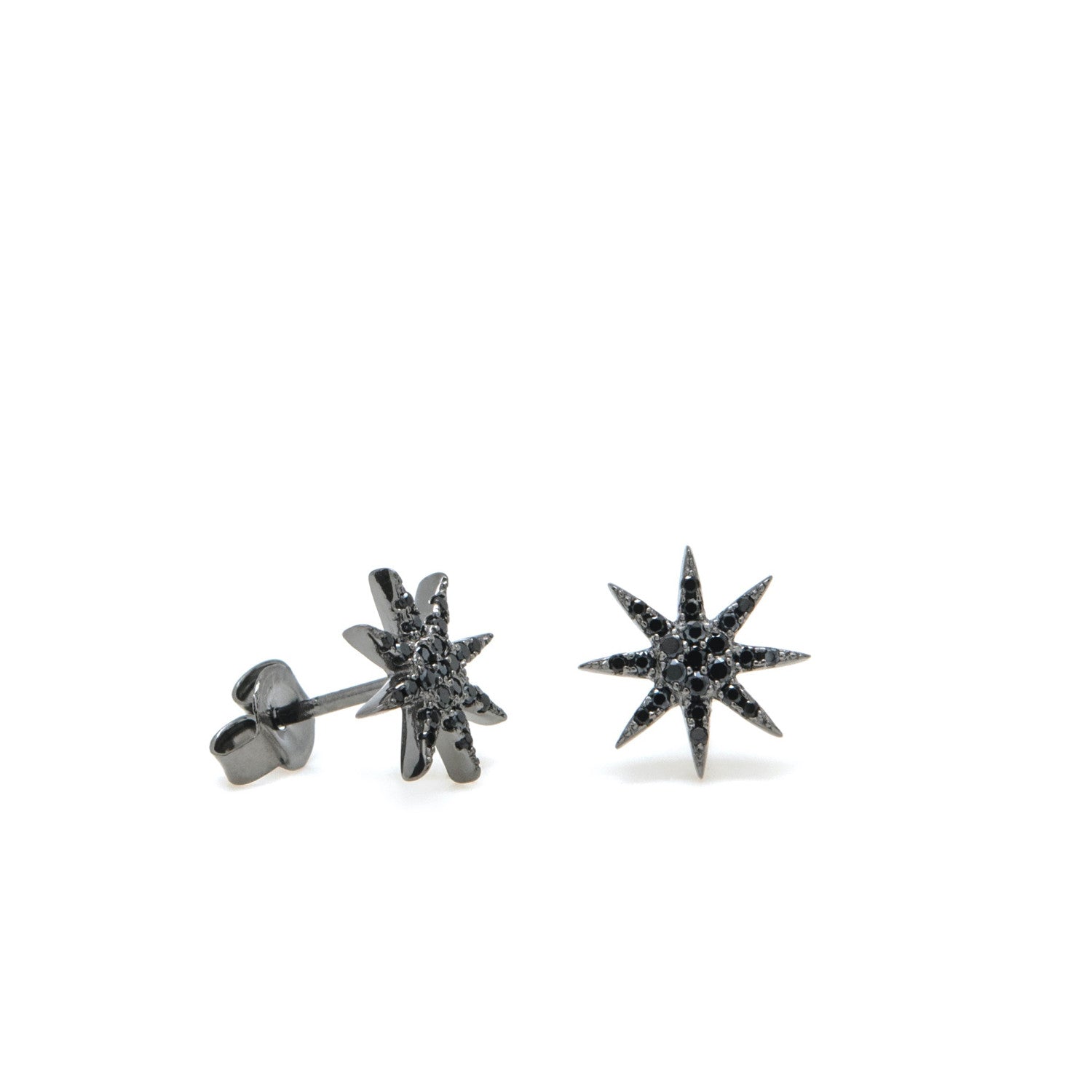 Pendientes brillantes pequeños de plata baño de rutenio con motivo estrella polar