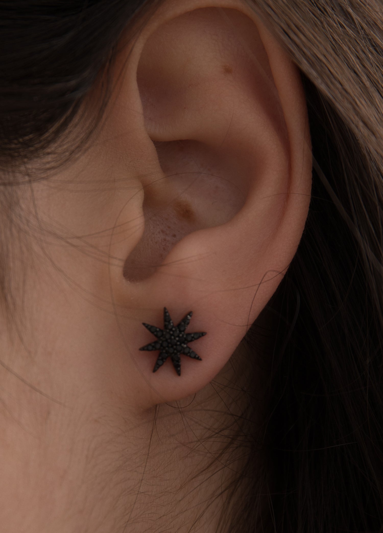 Small sparkling ruthenium-plated silver earrings with a polar star motif