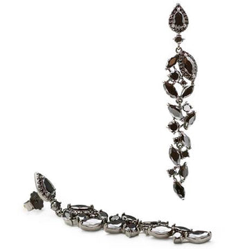 Long, sparkling bridal earrings in ruthenium silver with a floral design