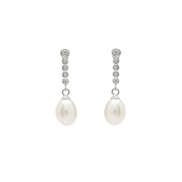 Silver earrings with freshwater pearl pendant design and moving cubic zirconia.