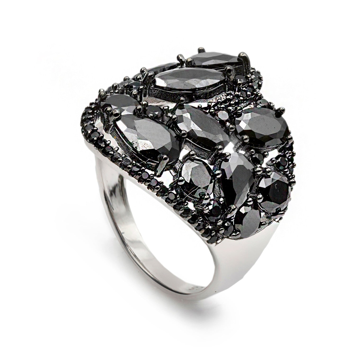 Wide rings with black cubic zirconia and floral motif