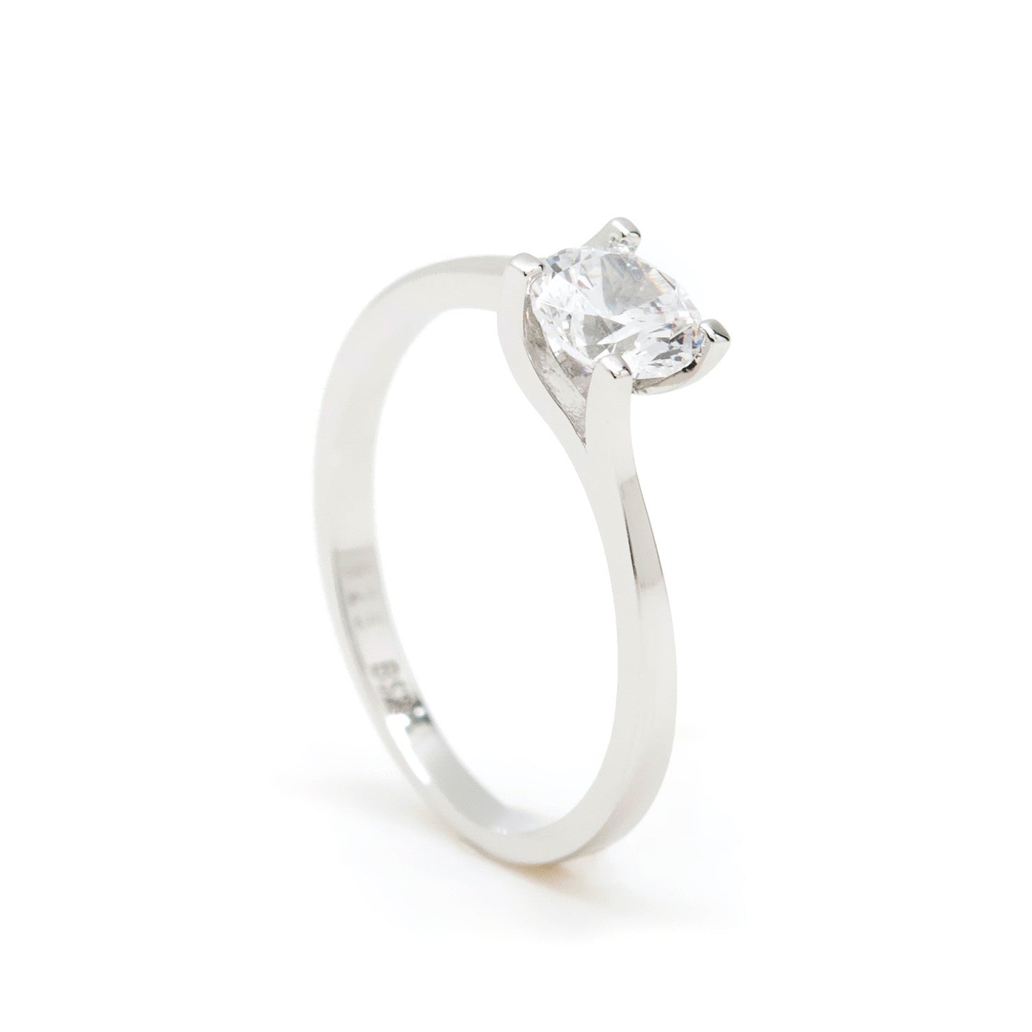 Engagement ring in plain silver with a central cubic zirconia.
