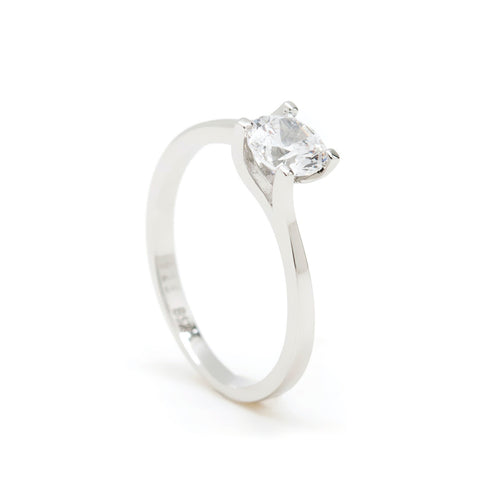Engagement ring in plain silver with a central cubic zirconia.