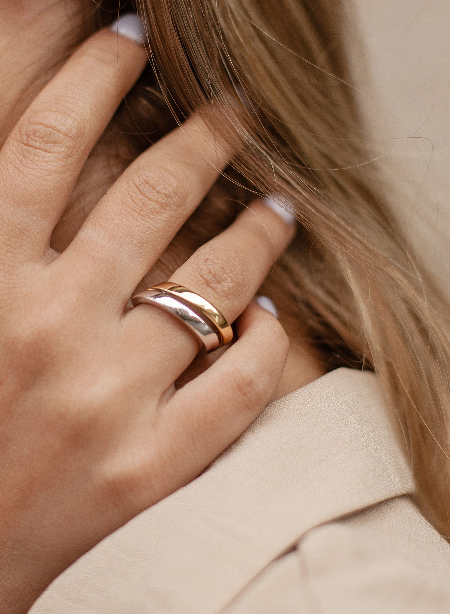 Rings wide in silver design diagonal two tone