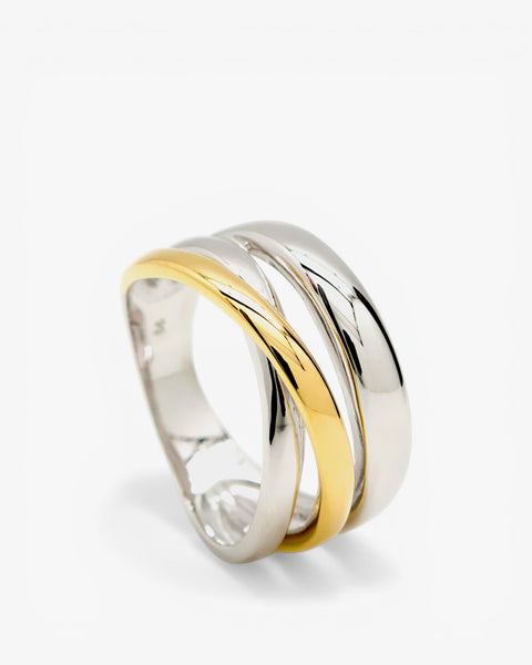 Anillo bicolor diseño de triple carril en plata lisa