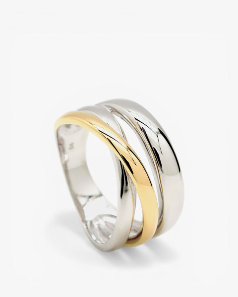 Anillo bicolor diseño de triple carril en plata lisa