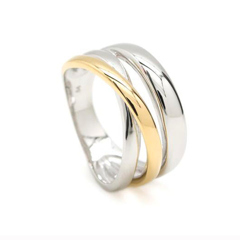 Anillo bicolor diseño de triple carril en plata lisa