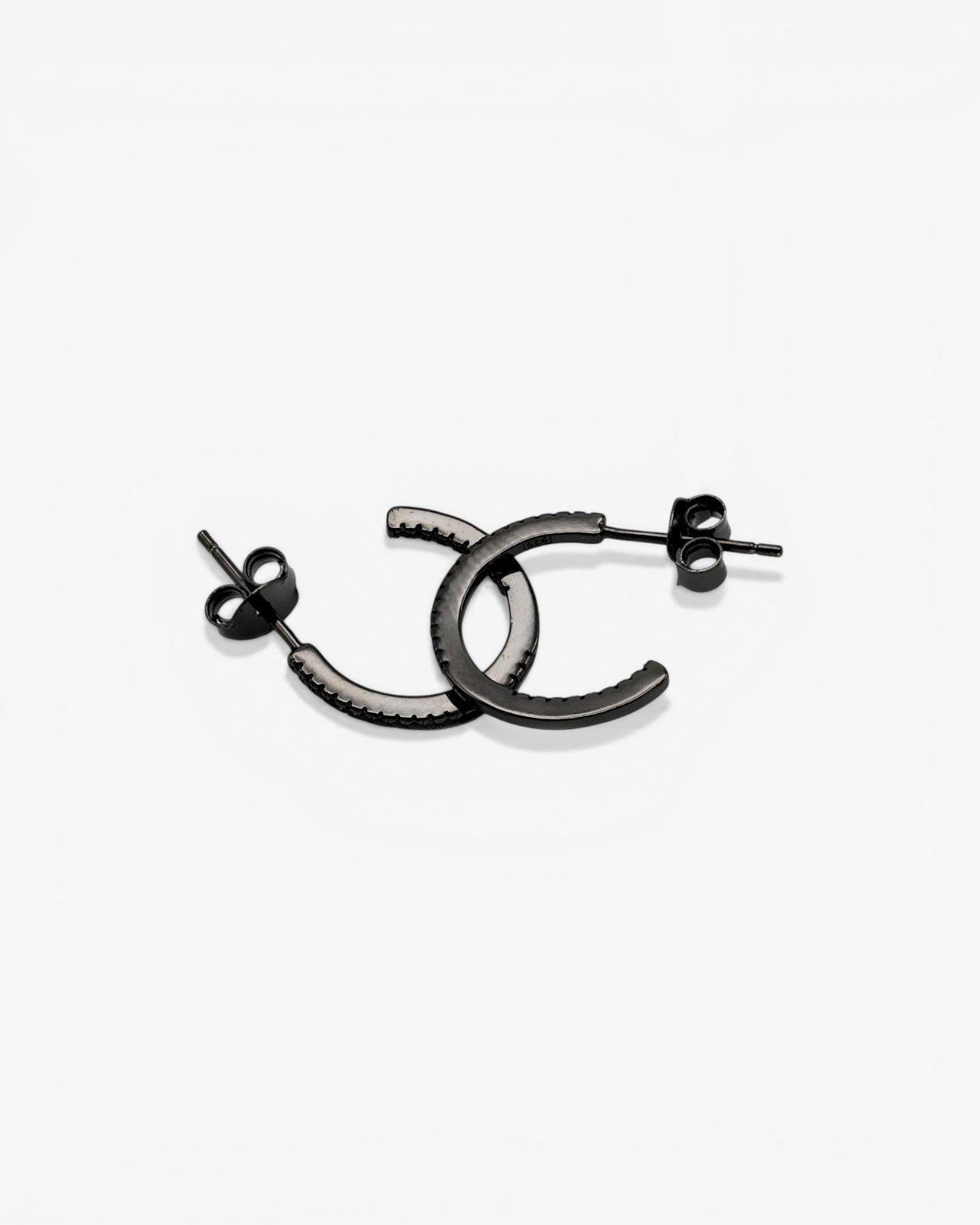 Small ruthenium-plated silver hoop earrings with black cubic zirconia