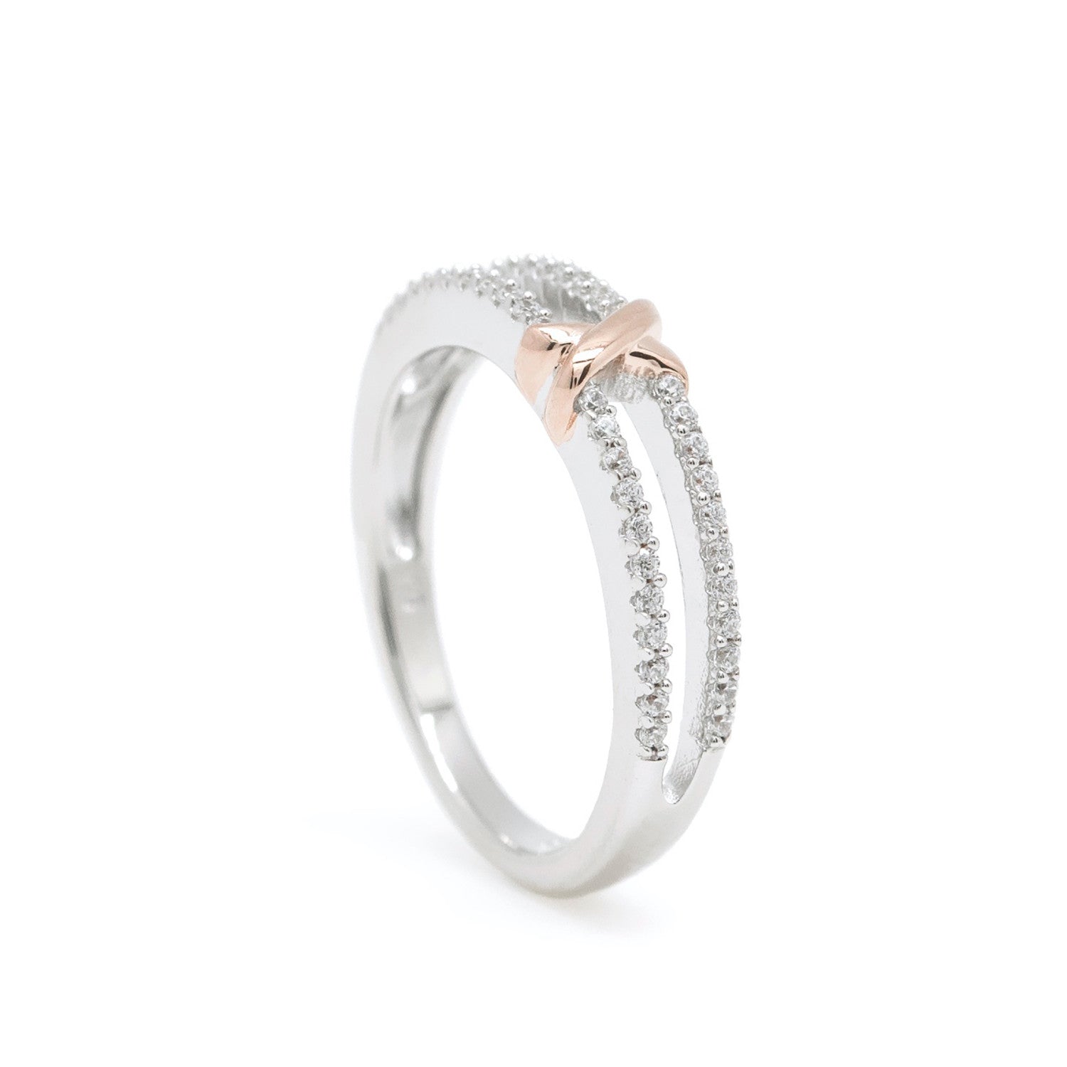 Anillos circonitas diseño de doble carril y grapa bicolor