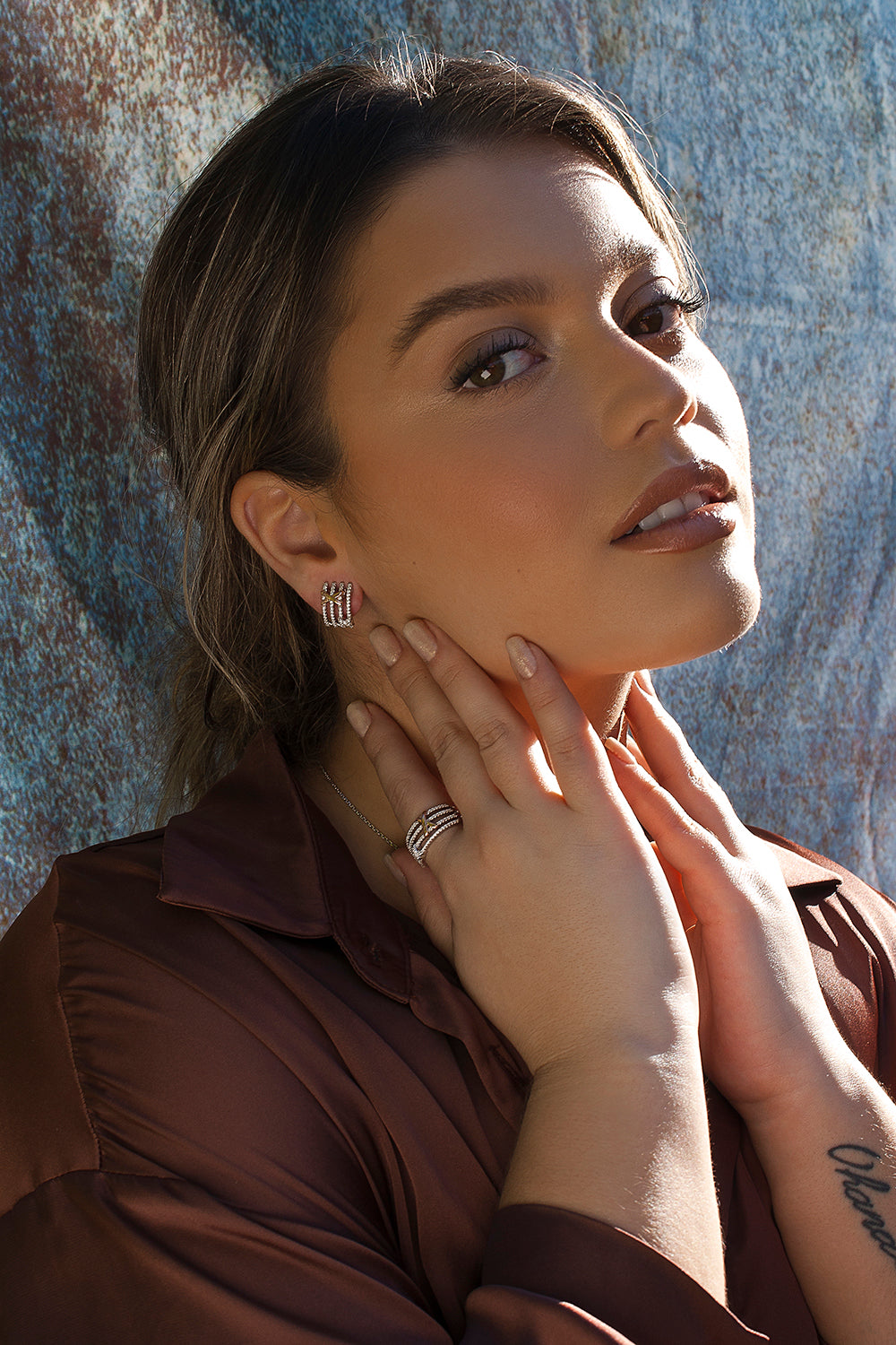 Pendientes cierre omega diseño de doble grapa bicolor con circonitas