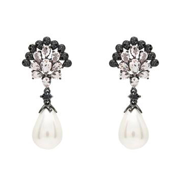 Pendientes perla colgante diseño gemas negras y rosadas