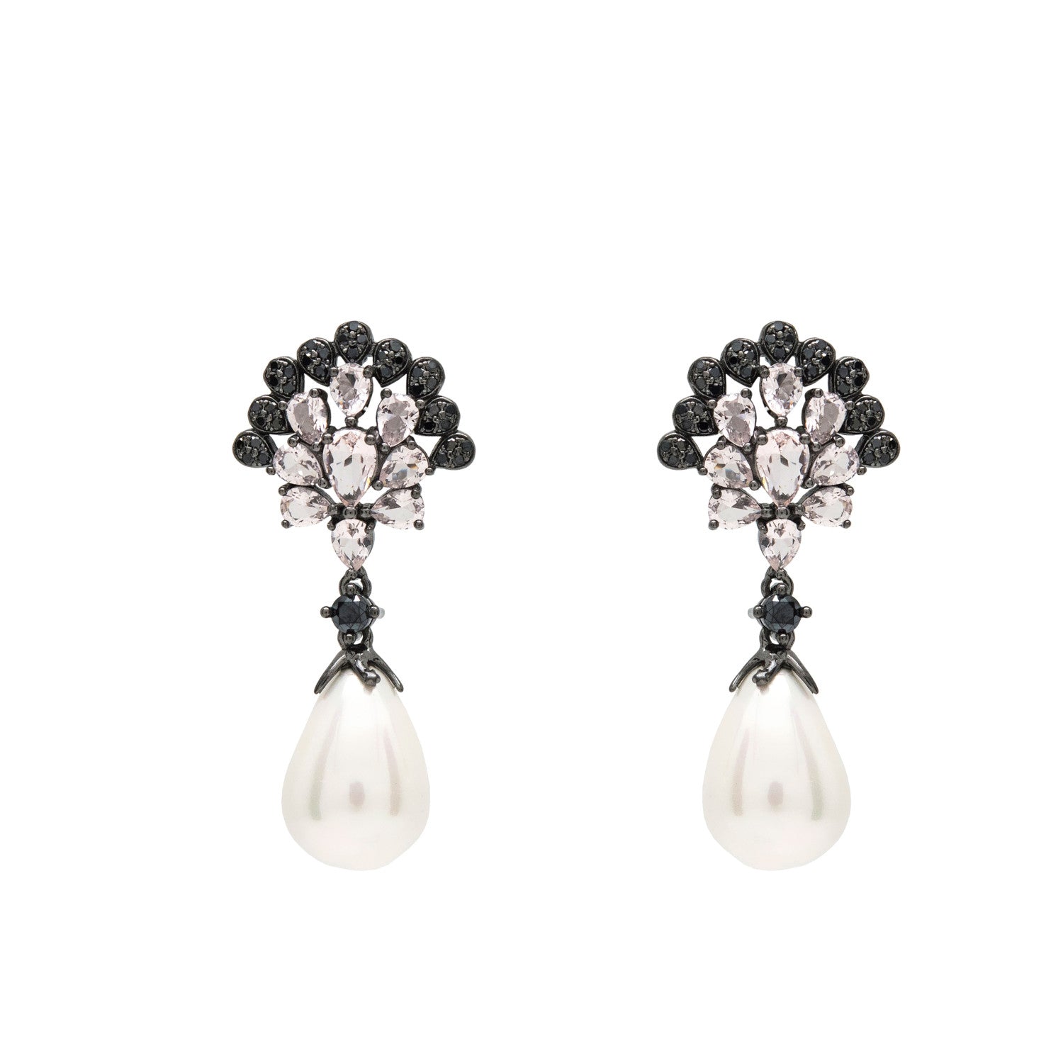 Boucles d'oreilles pendantes en perles ornées de pierres précieuses noires et roses