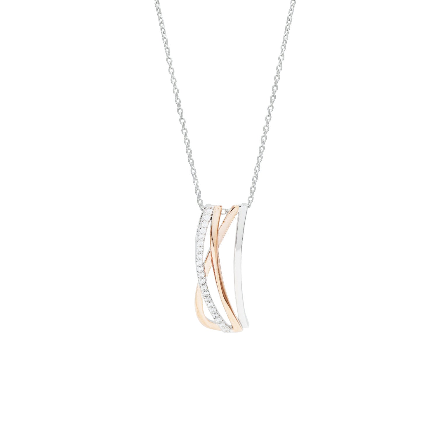 Colgante de plata en forma rectangular con detalle de plata bañada en rosa y circonitas.