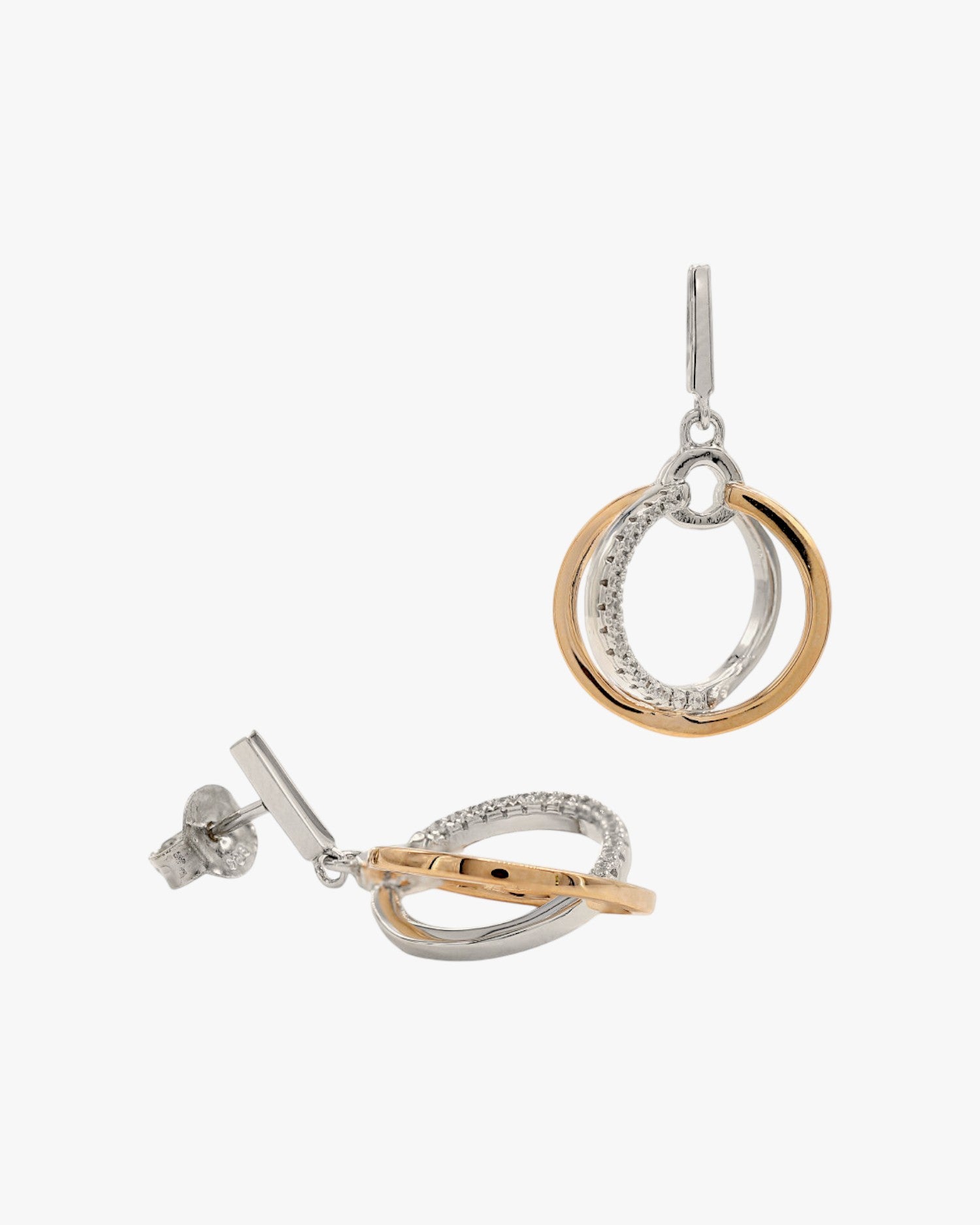Two-tone silver and cubic zirconia dangling earrings with double hoop
