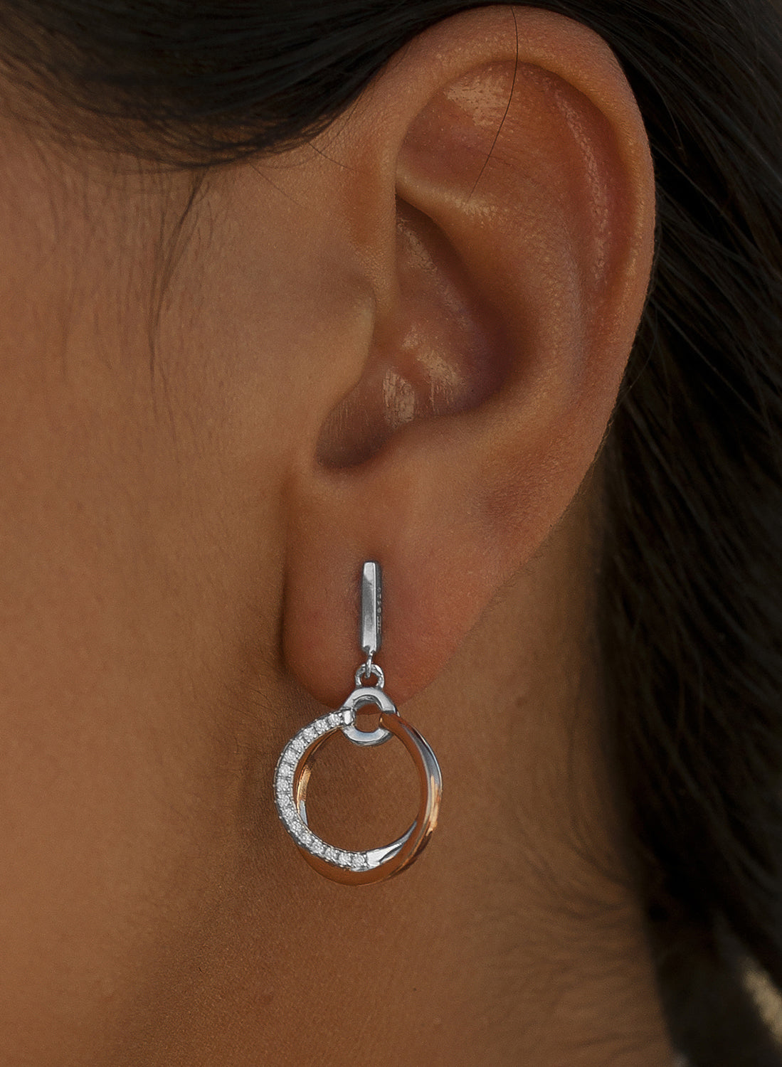 Two-tone silver and cubic zirconia dangling earrings with double hoop