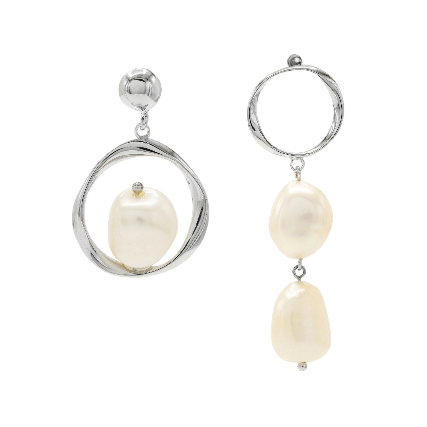 Pearl earrings, asymmetrical pendant design, liquid