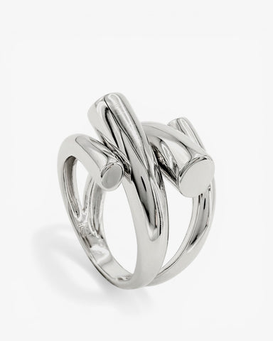 Large silver rings with a thick, intertwined design