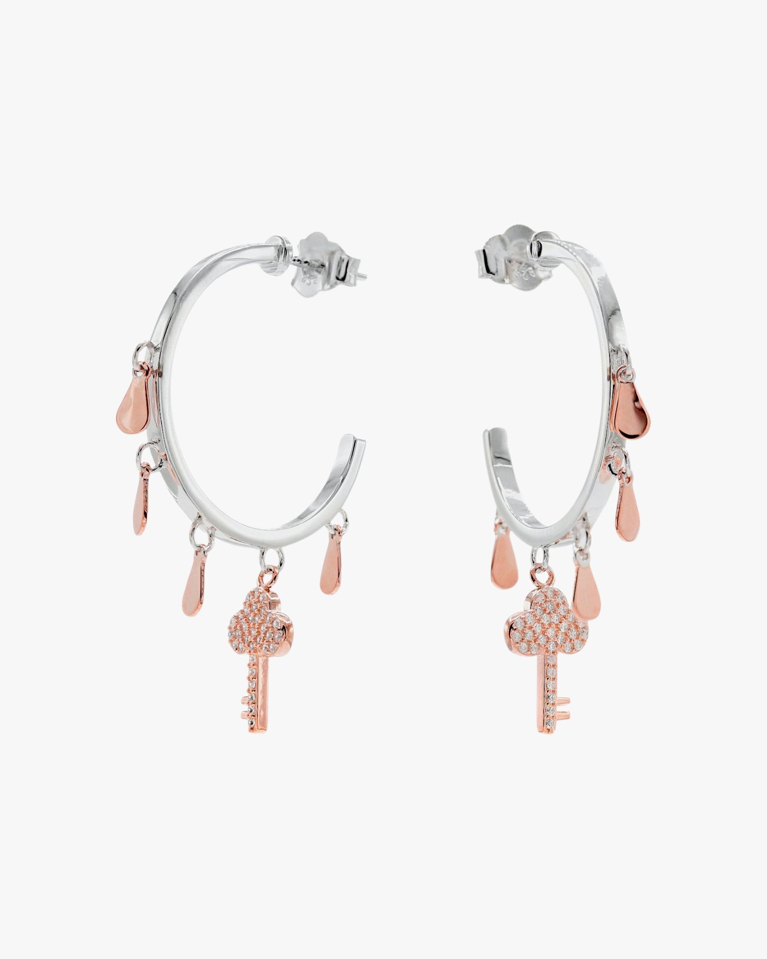 Pendientes aros con colgantes motivo lágrima y llave con circonitas